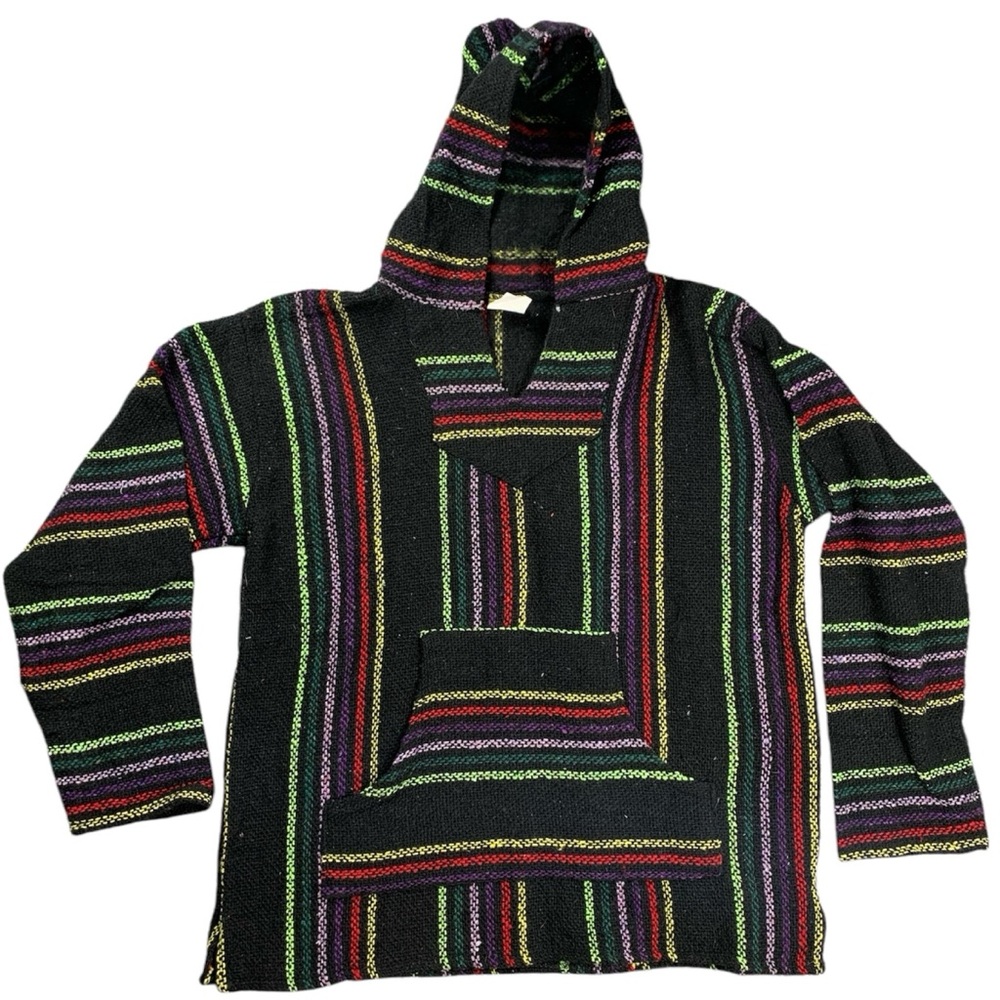 Baja Pullover Hoodie Hippie Black Striped Bright Color Mens Medium Made Mexico
